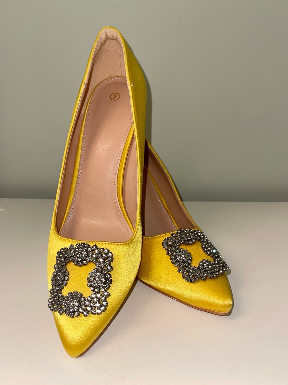 Yellow Satin Pointed Toe Pumps with Crystal Buckle, Manolo Blahnik Inspired